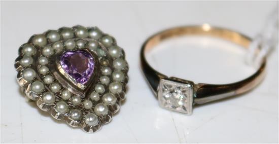 Diamond ring & pearl & amethyst brooch